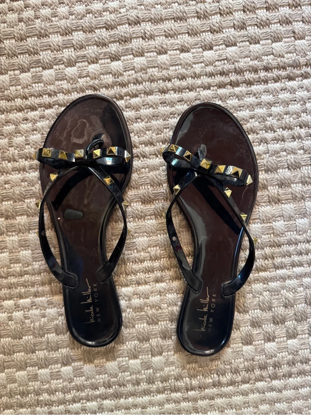 Nicole Miller Black Jelly Thong Sandals with Gold Studs